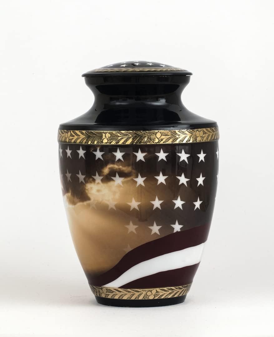 Patriotic Cremation Urn for Human Ashes Adult Male, Navy Blue Funeral American Veteran Cremation Vessel for Men, Designed and Handcrafted in Brass with Care, Military Burial Decorative Ewer