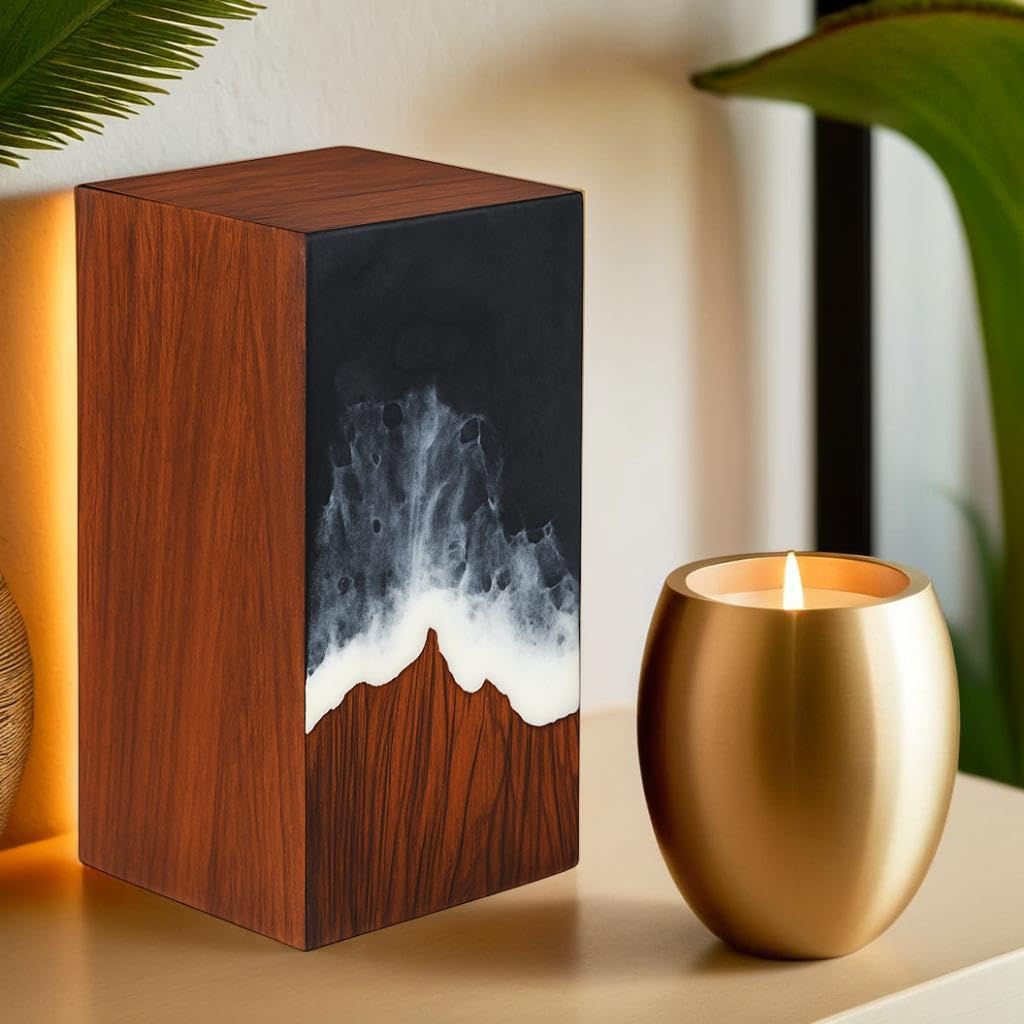 Handcrafted Wooden Cremation Urn with Ocean Epoxy Resin Design – Unique Funeral Urn for Human Ashes – Memorial Ashes Box (Rosewood Black, (Large - 11.25" Hx6.25 W (250 Cu/in))