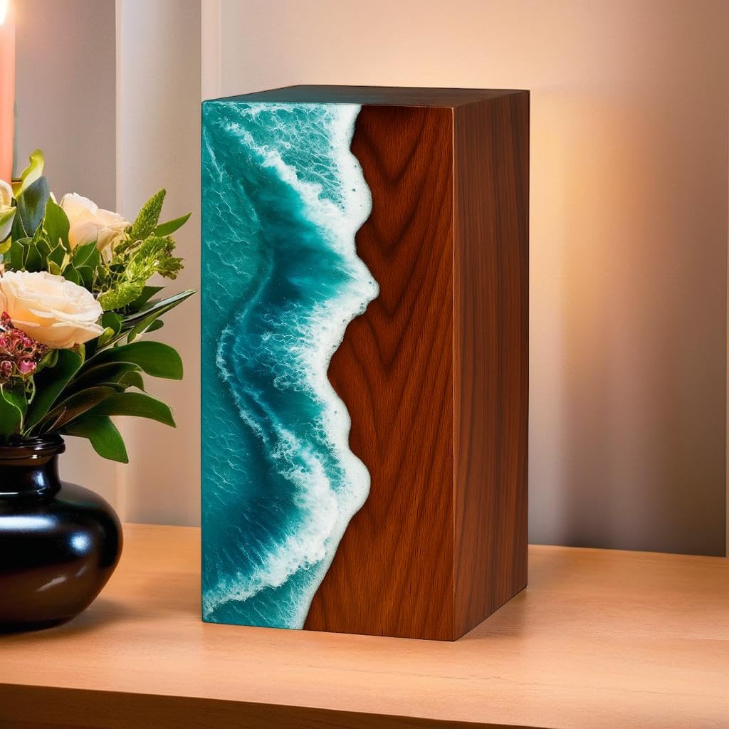 Handcrafted Wooden Ocean Wave Urn for Human Ashes – Epoxy Resin Memorial Urn for Adult Men & Women – Funeral Urn Box – Wooden Cremation Urns (Ocean Serenity Urn, (Large - 11.25" Hx6.25 W (250 Cu/in))