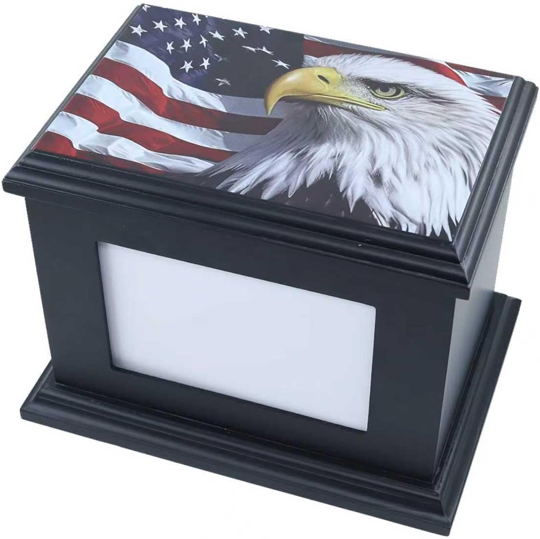 Handcrafted Solid Wooden Box Urns for Adult Human Ashes Male or Female Cremation- Funeral Memorial Urn for Man or Woman with Photo Frame- Keepsake Casket Up to 200 Lbs (Black, L, Eagle&Flag)