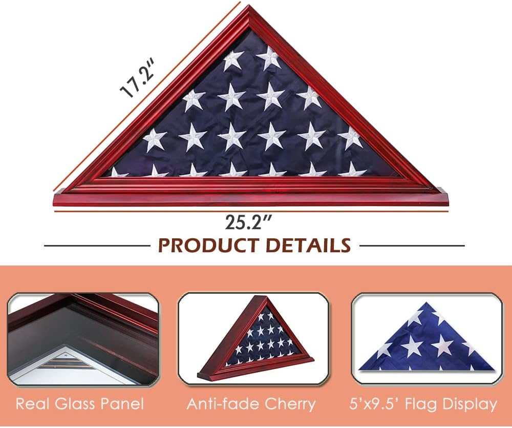 Flag Display Case Triangle Military Shadow Box with Flat Base Fits a Folded 5'x9.5' American Veterans Burial Memorial Funeral Flag Real Glass Front Wall Mountable Solid Wood Military Flag Case, CHERRY