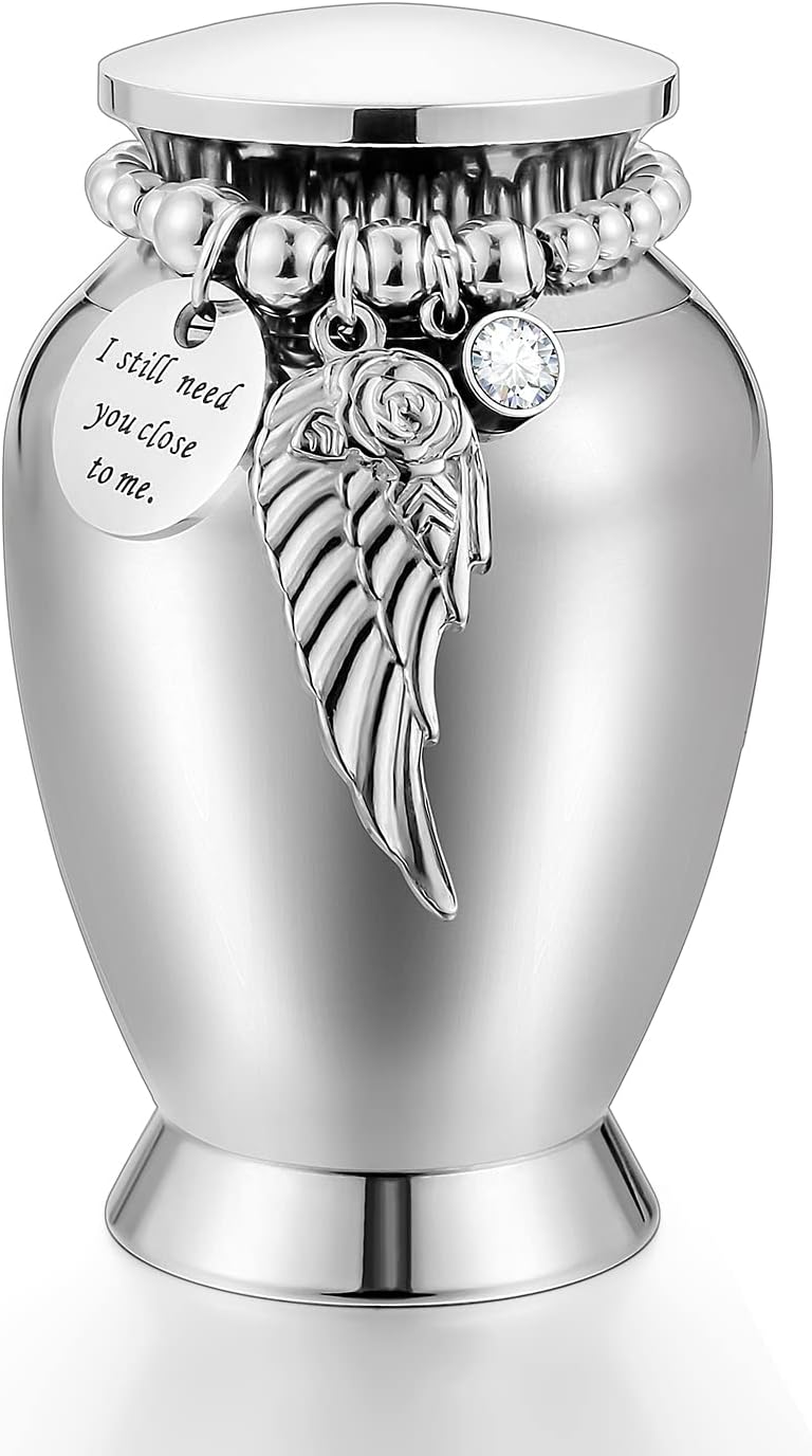 Small Keepsake Urns for Memorial Human Ashes 2.85 Inch with Wing Charm Mini Cremation Urns Stainless Steel