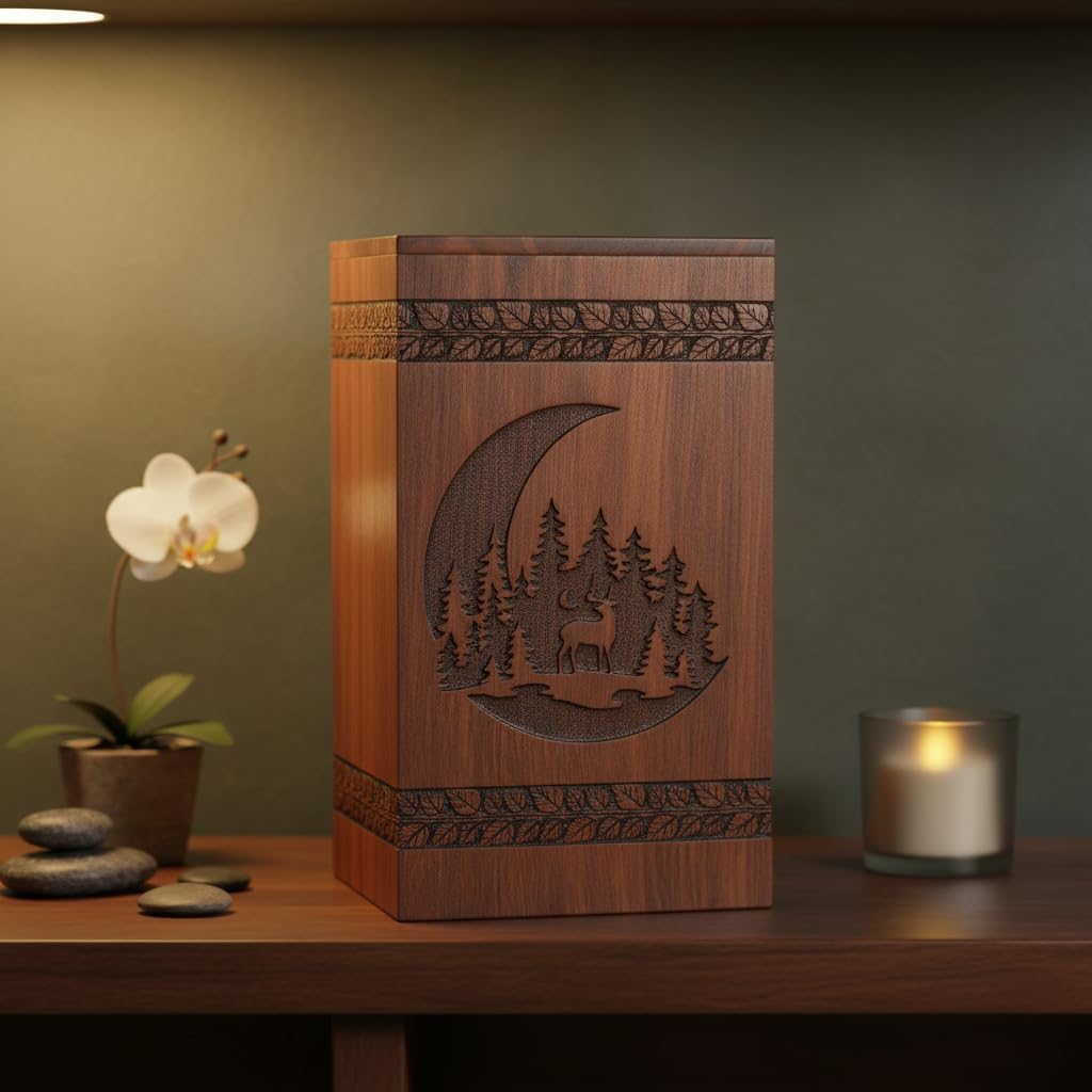 Handcrafted Rosewood Urn for Human Ashes - Beautifull Moon and Deer Tree Wooden Box Cremation Pets Handmade Burial Loving Memories (Rosewood, L(11.25X6.25”)250CU) (Moon-09)