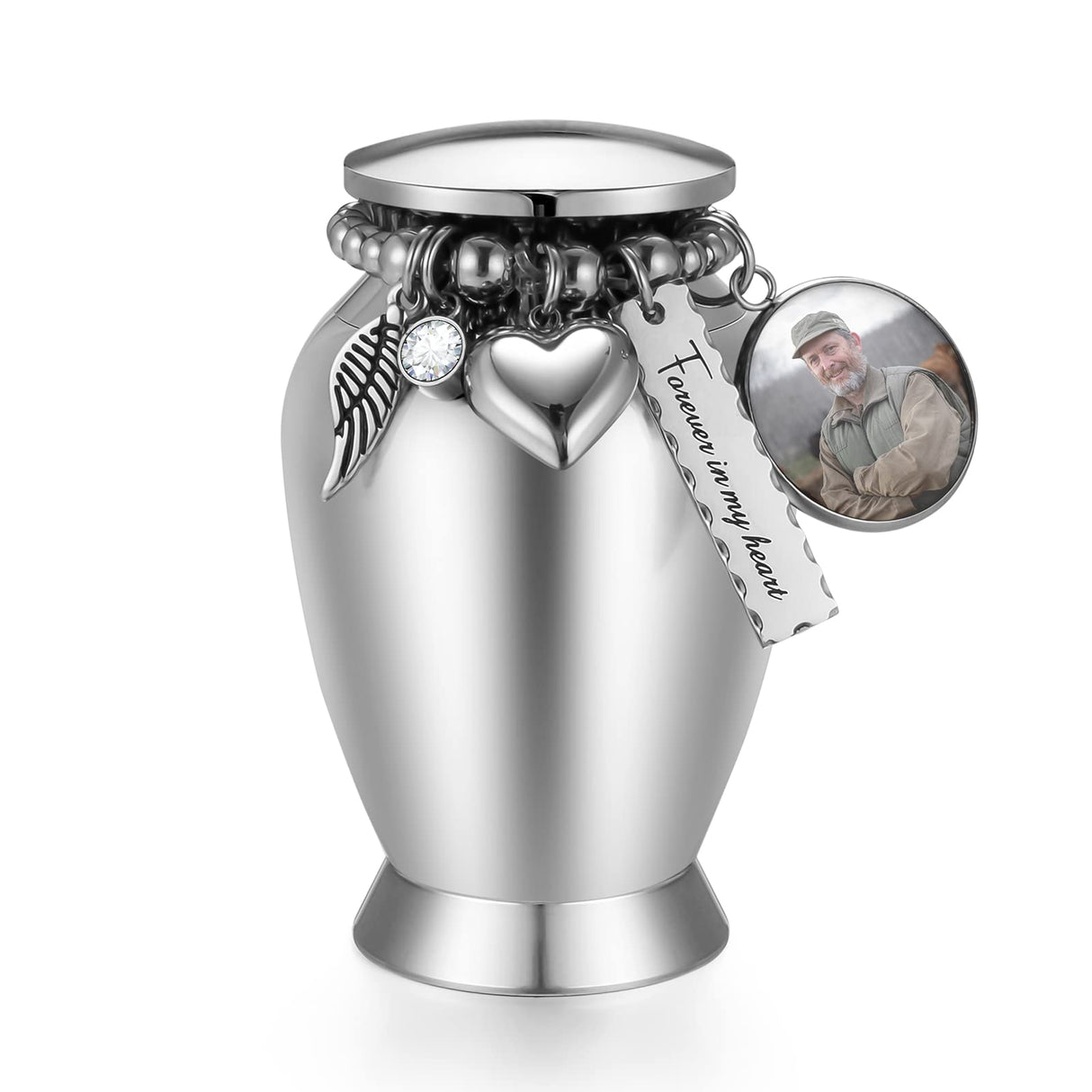Small Keepsake Urns for Memorial Human Ashes 2.85 Inch with Wing Charm Mini Cremation Urns Stainless Steel