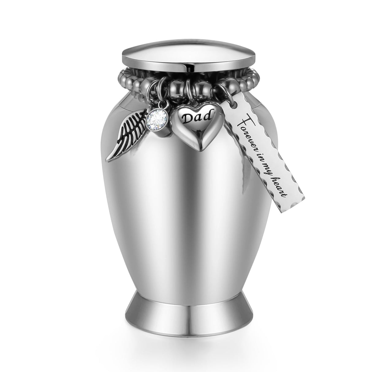 Small Keepsake Urns for Memorial Human Ashes 2.85 Inch with Wing Charm Mini Cremation Urns Stainless Steel