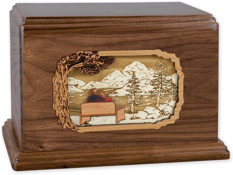 Soulmates Together Forever Wooden Companion Cremation Urn for Two People - Wood Art Inlay Funeral Urn with Couple Together Again on Bench (Companion Urn for Two People, Walnut Custom)