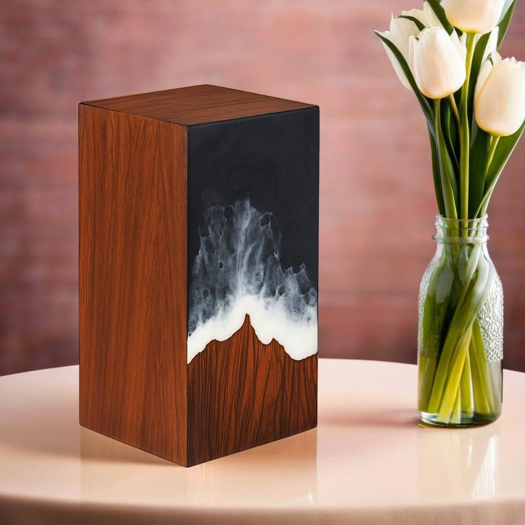 Handcrafted Wooden Cremation Urn with Ocean Epoxy Resin Design – Unique Funeral Urn for Human Ashes – Memorial Ashes Box (Rosewood Black, (Large - 11.25" Hx6.25 W (250 Cu/in))