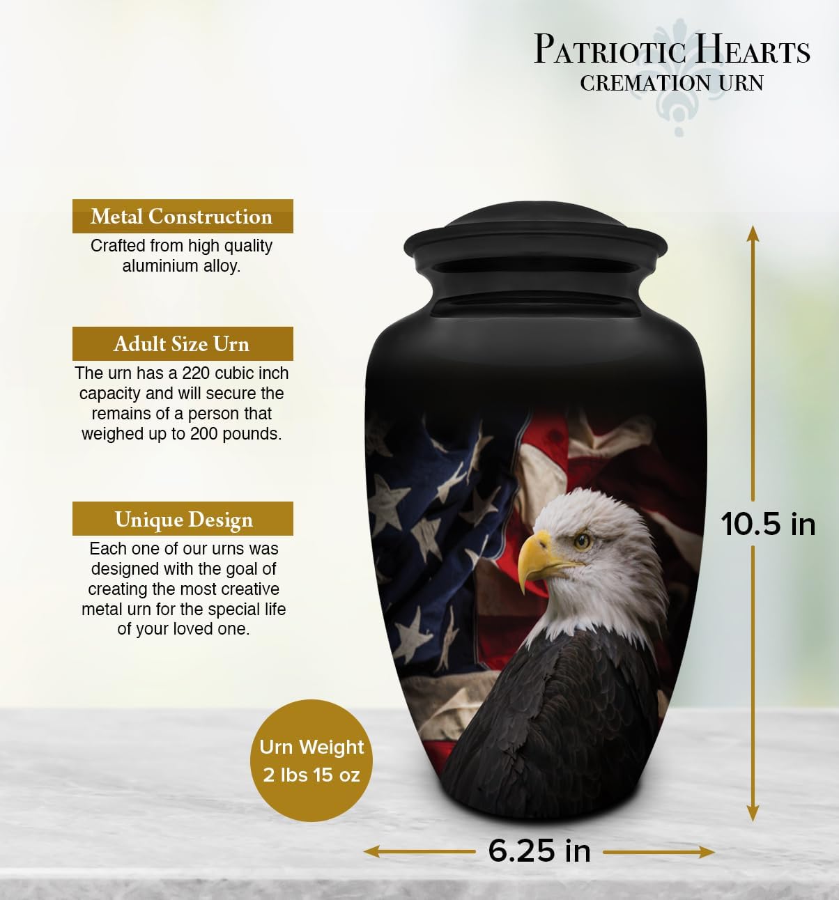 Patriotic Hearts Eagle Urn for Human Ashes | American Flag Cremation Urn for Adults, Veteran, Medium Size, Handmade Funeral Urns with Velvet Bag