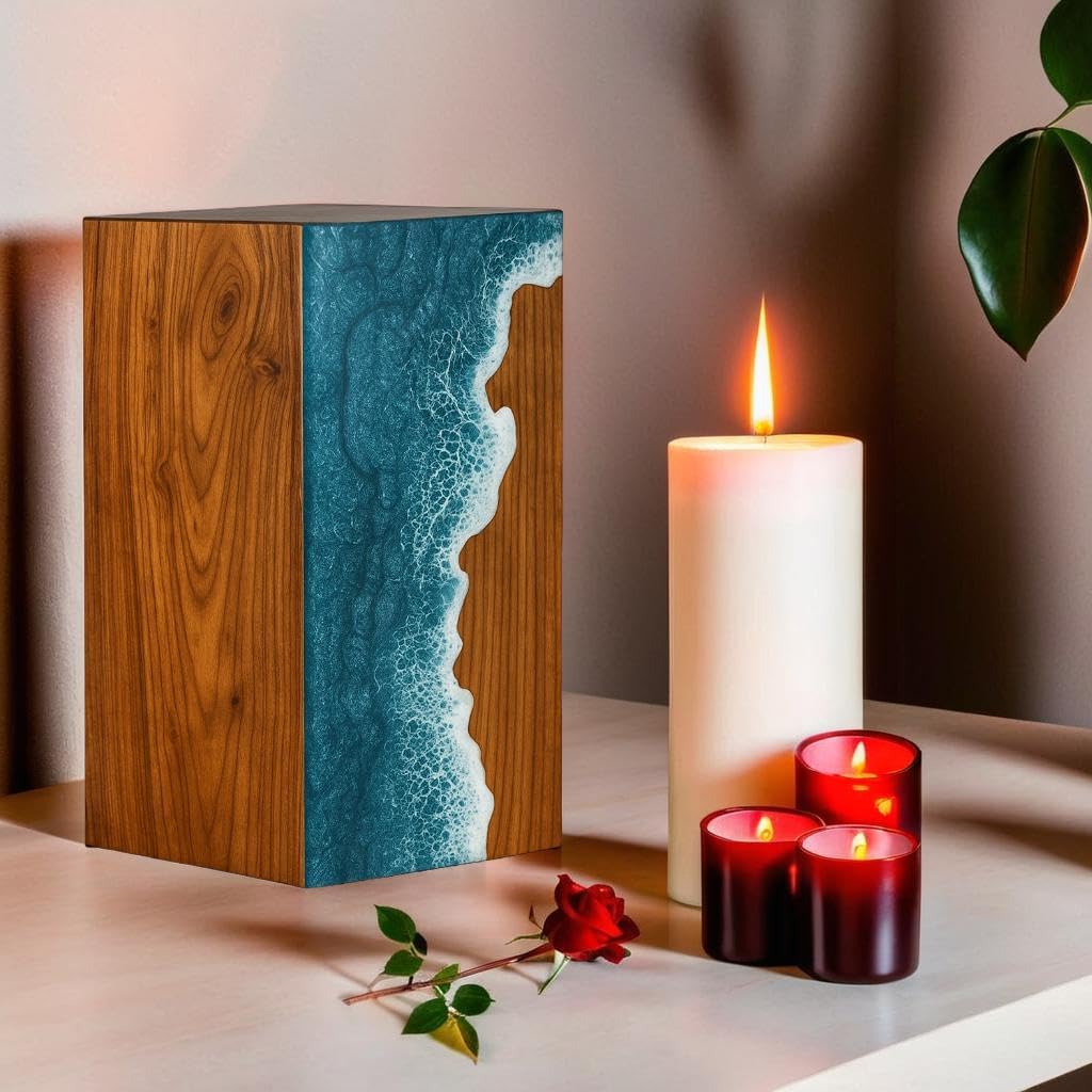 Handcrafted Rosewood & Ocean Wave Epoxy Resin Urn for Ashes – Memorial Cremation Urn Box for Human & Pet Ashes ((Keepsake - 5" Hx4 W (20 Cu/in))