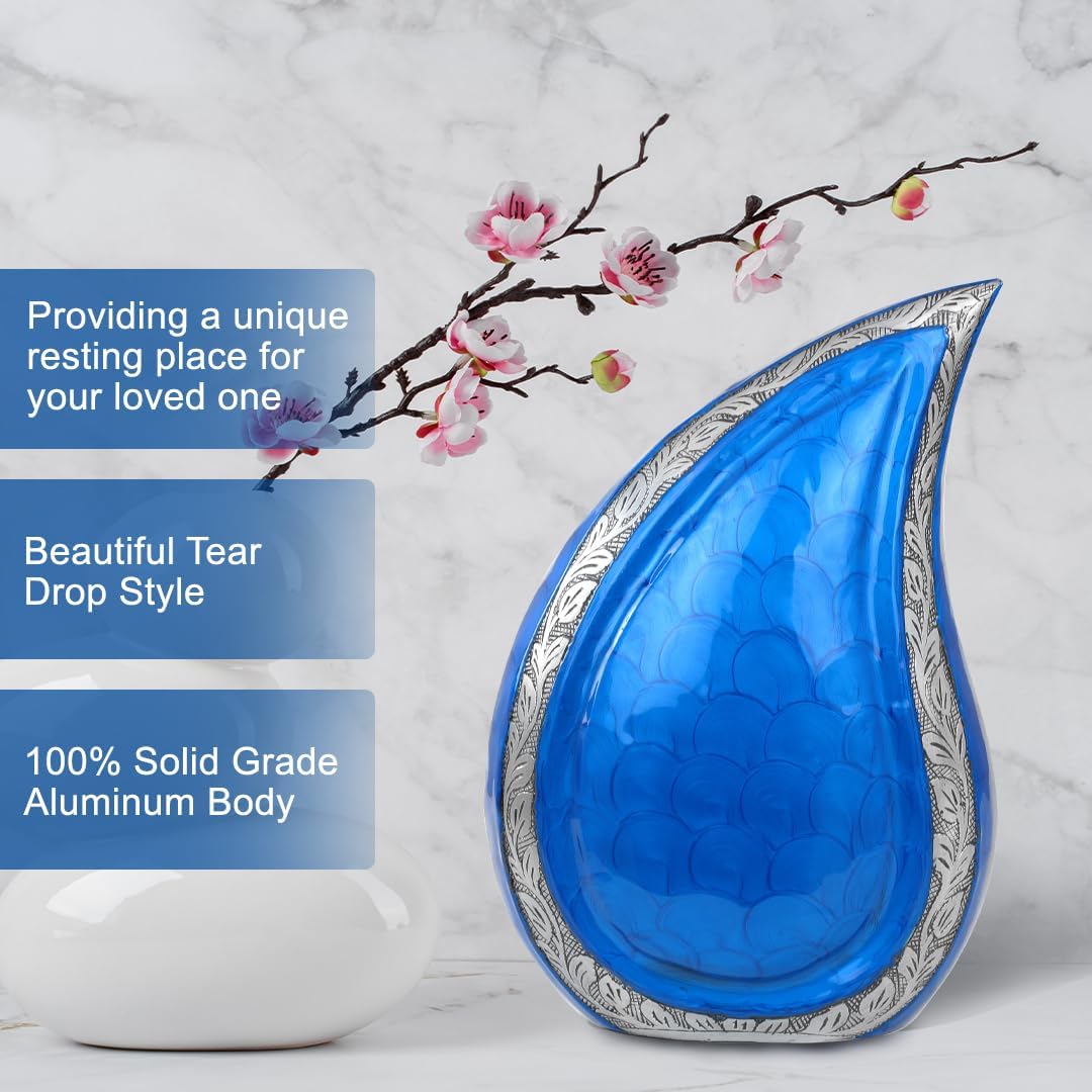 10" Teardrop Chiseled Aluminum Funeral Ashes Urn for Adults and Pets | Cremation Metal Storage with Lid