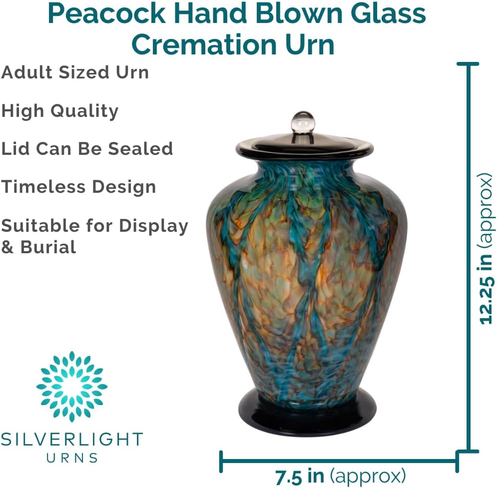 Peacock Hand Blown Glass Cremation Urn for Ashes, Green Urn, Adult Sized Cremation Urn, 12.25 Inches High