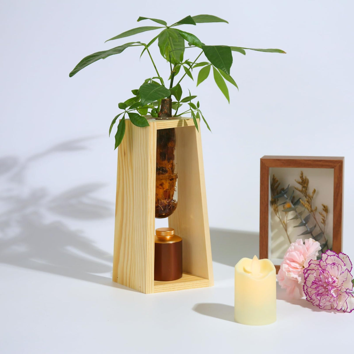 Plant Urn with Hydroponics Glass Vase, Small Urns for Human Ashes Keepsake, Memorial Keepsake Urn for Human Ashes, Mini Urns Small Urn for Ashes, Wooden Desk Decor