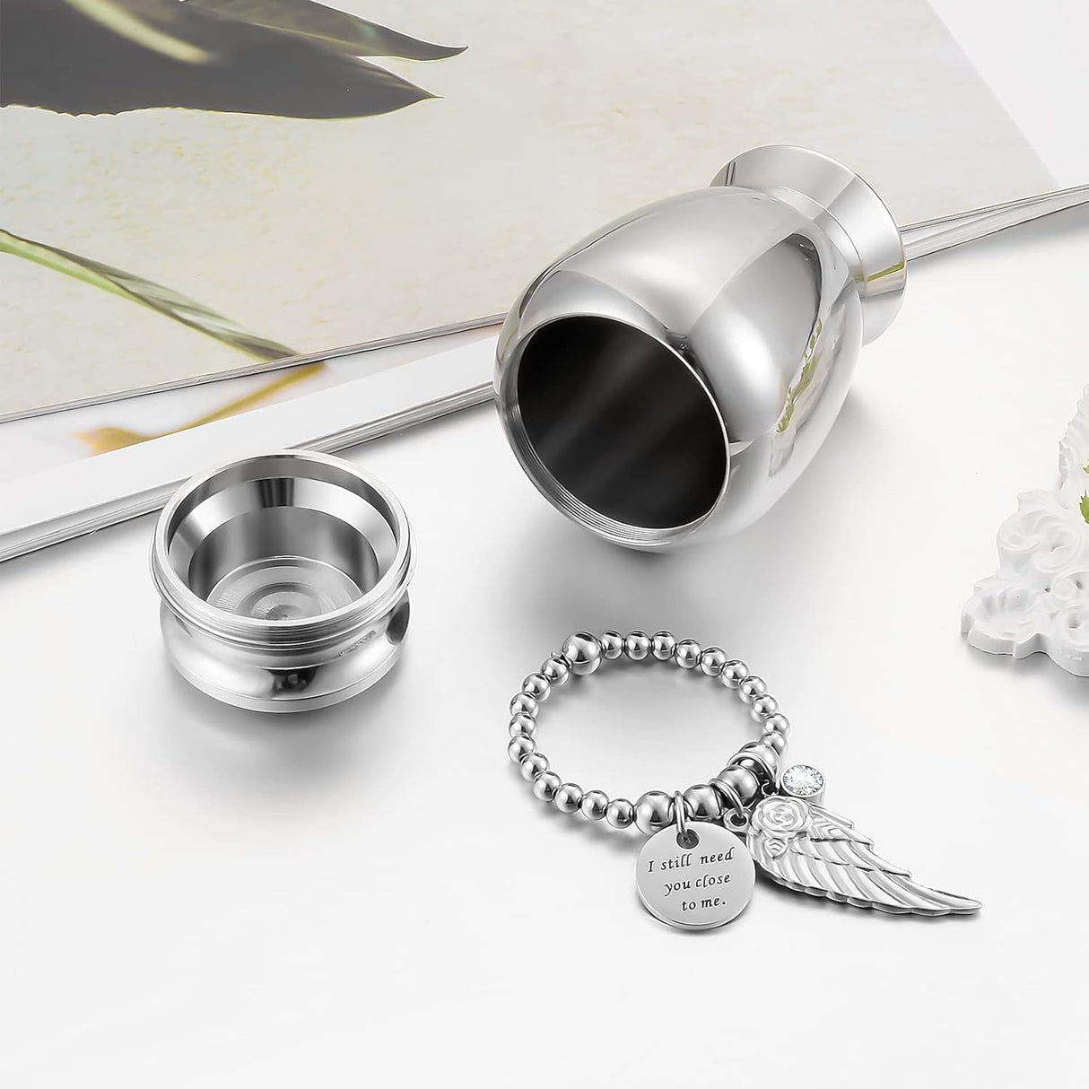 Small Keepsake Urns for Memorial Human Ashes 2.85 Inch with Wing Charm Mini Cremation Urns Stainless Steel