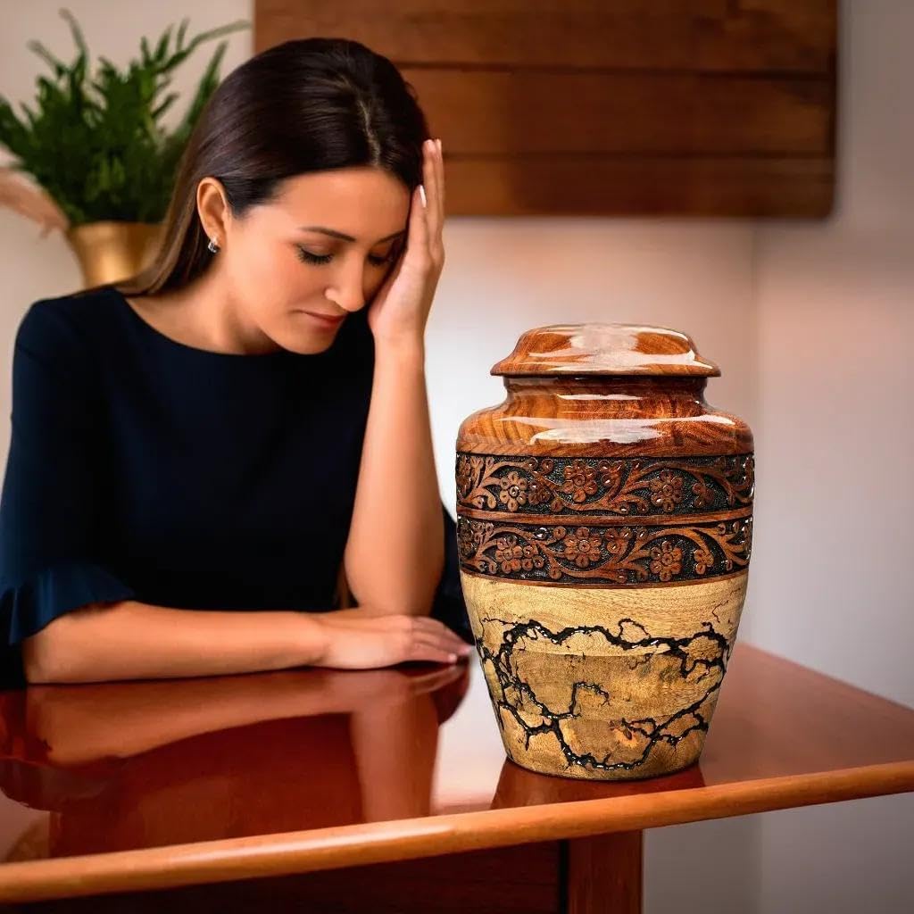 Wooden Cremation Urn for Human Ashes Handcrafted Urn for Adult Men & Women Memorial Urn for Ashes Decorative Burial & Funeral Urn (Hand Curving Border, Large 250lbs)