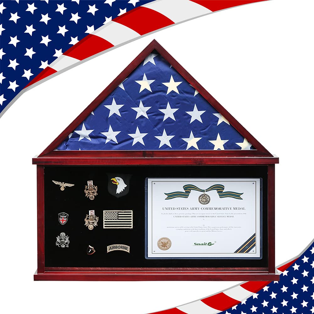 Flag Display Case Triangle Military Shadow Box with Flat Base Fits a Folded 5'x9.5' American Veterans Burial Memorial Funeral Flag Real Glass Front Wall Mountable Solid Wood Military Flag Case, CHERRY
