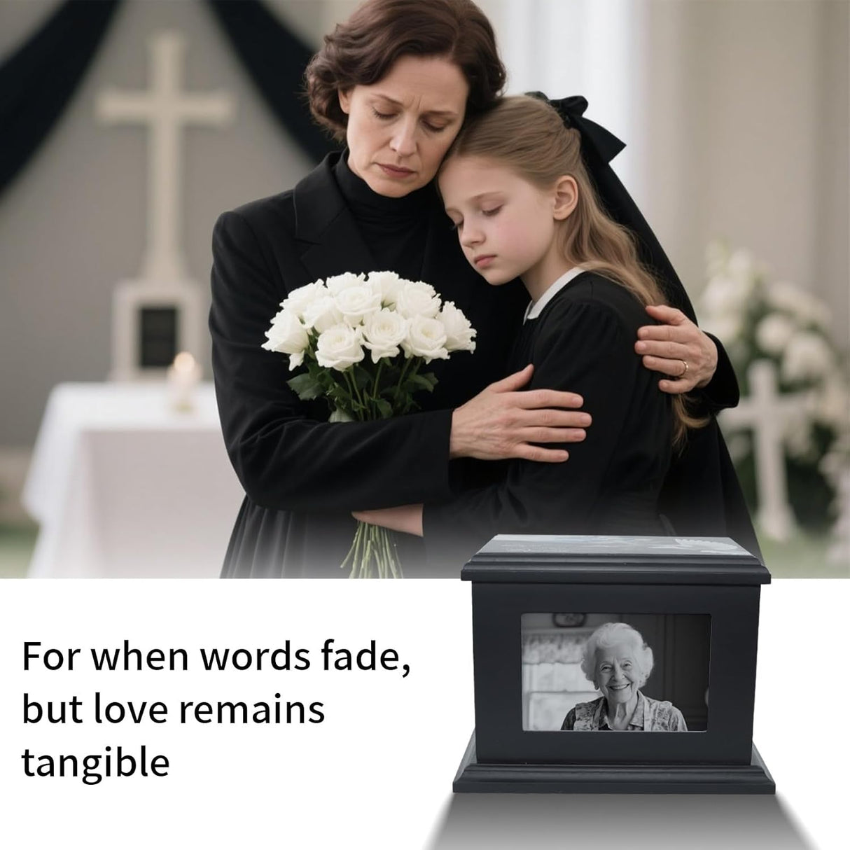 Handcrafted Solid Wooden Box Urns for Adult Human Ashes Male or Female Cremation- Funeral Memorial Urn for Man or Woman with Photo Frame- Keepsake Casket Up to 200 Lbs (Black, L, Dove)