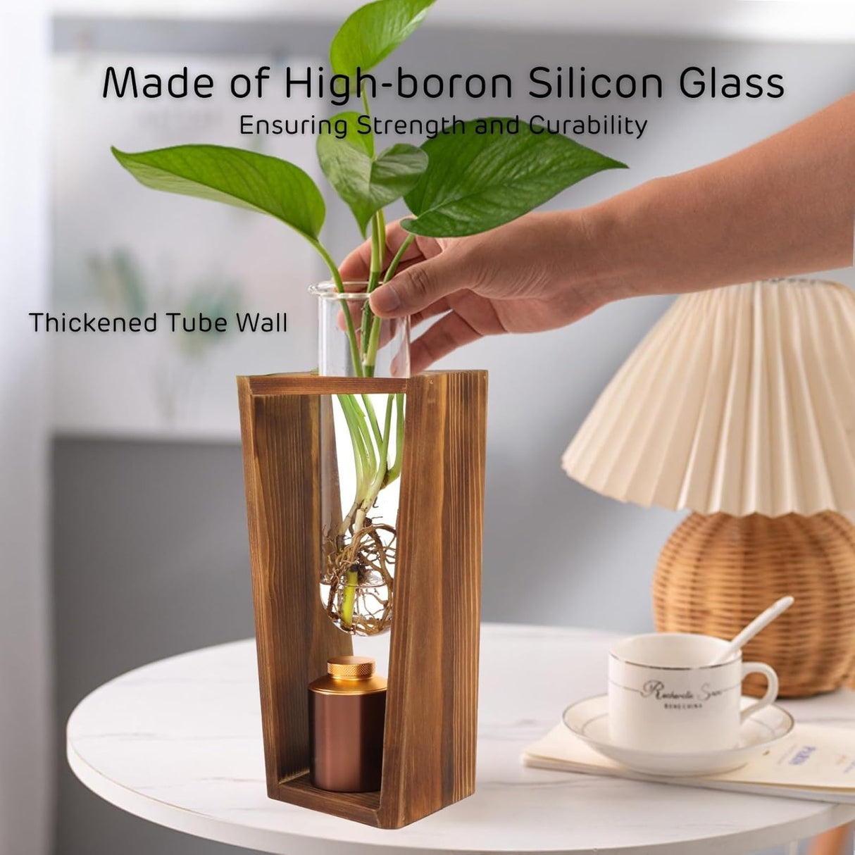 Plant Urn with Hydroponics Glass Vase, Small Urns for Human Ashes Keepsake, Memorial Keepsake Urn for Human Ashes, Mini Urns Small Urn for Ashes, Wooden Desk Decor