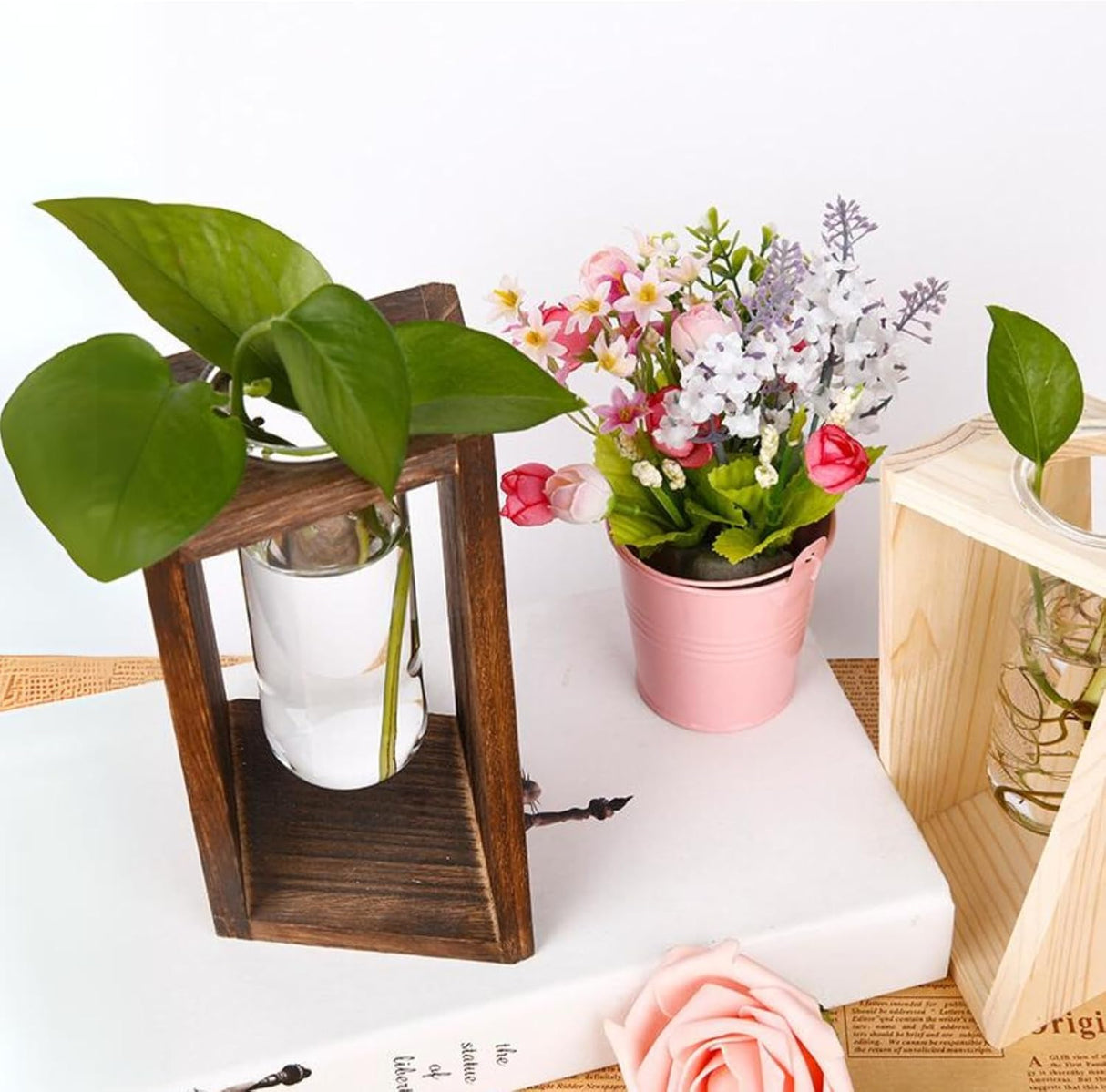 Plant Urn with Hydroponics Glass Vase, Small Urns for Human Ashes Keepsake, Memorial Keepsake Urn for Human Ashes, Mini Urns Small Urn for Ashes, Wooden Desk Decor