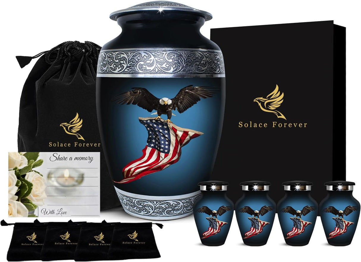 Cremation Urn for Ashes Adult Male - Hand Engraved Funeral Memorial Urns - Featuring 1 American Flag Large Urn with 4 Matching Small Urns with Bags (Black, Set of 5)