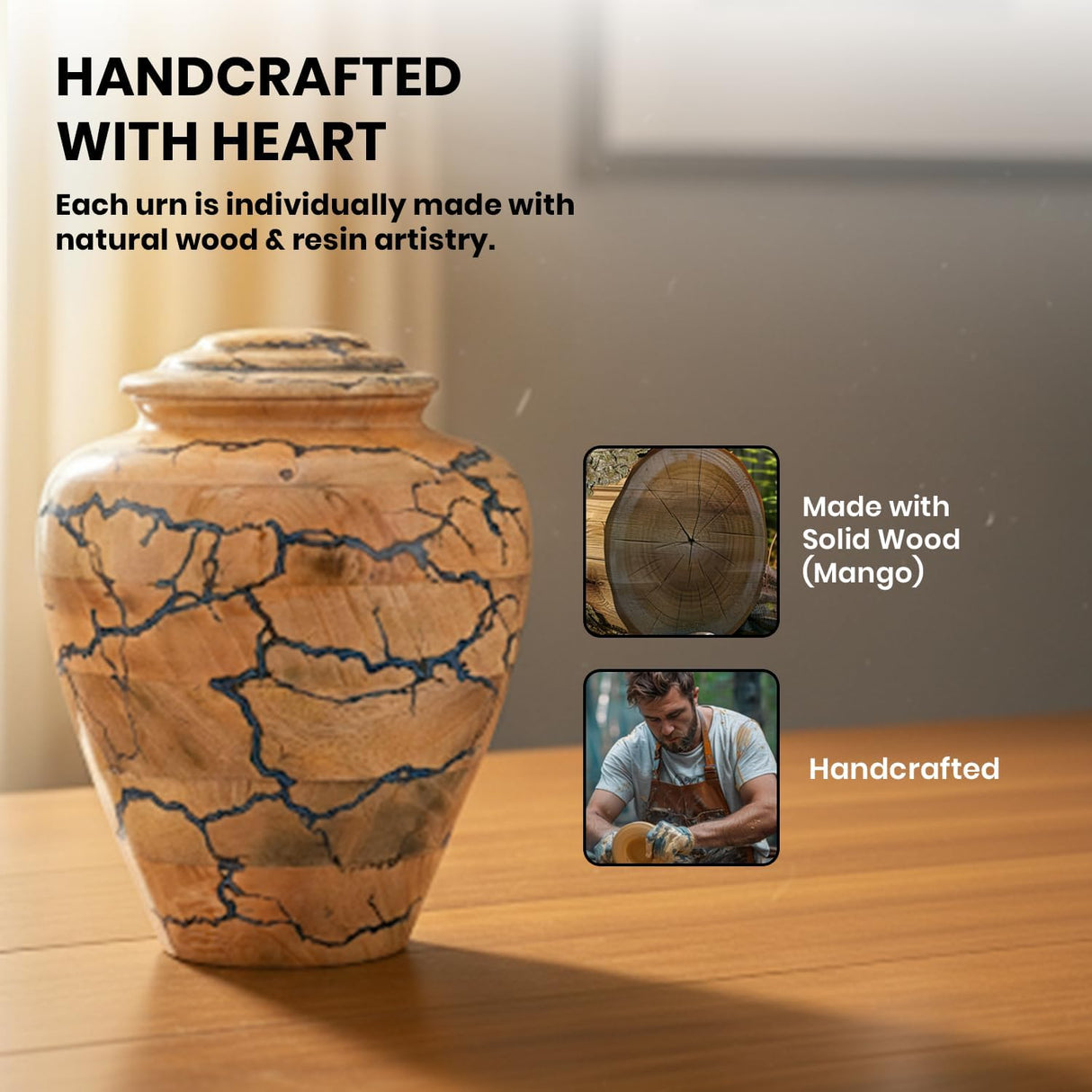 Wooden Cremation Urn for Human Ashes – Blue Epoxy Resin Adult Urn Jar, Decorative Memorial Urn for Men or Women – Funeral Burial Urn, (Medium 100 Cu/in)