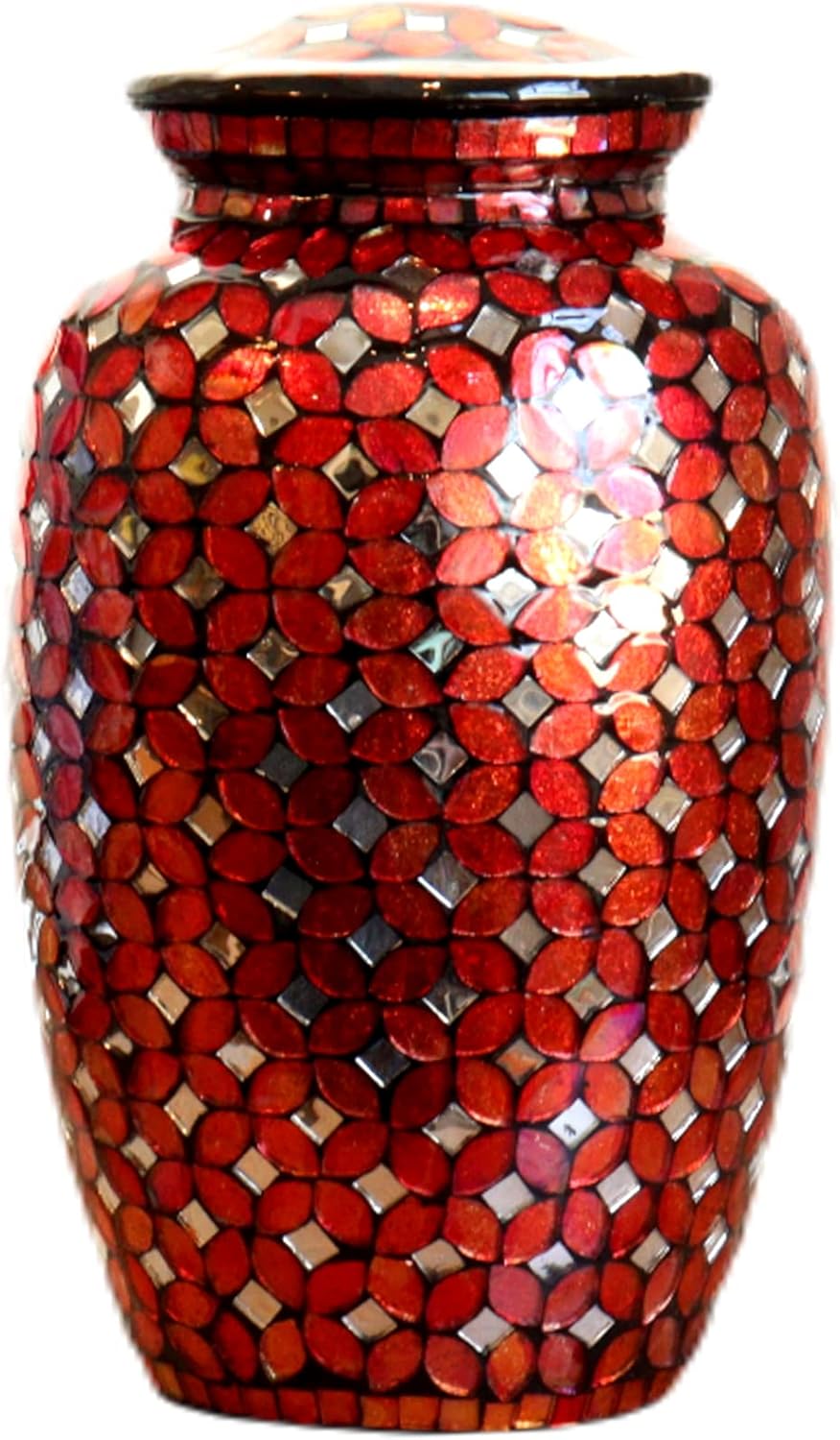 Mosaic Glass Cremation Urn - Hand Made Funeral Urn for Human Ashes - Large Adult Size Burial Urn - Hand Applied Individual Tiles Create a one of a Kind Work of Art - 200 cu in (Red)