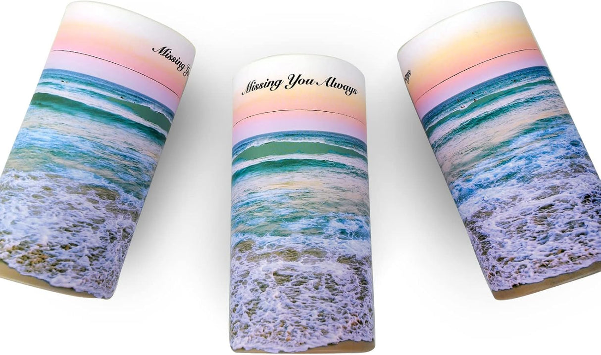 Set of 2 Biodegradable Scattering Tube Urn for Ashes, 40 lbs ECO Small Spreading Cremation Paper Urn for Human Male Female Adult Pet Dog Cat Ashes, Including Canvas Pouch(Ocean Sunset)