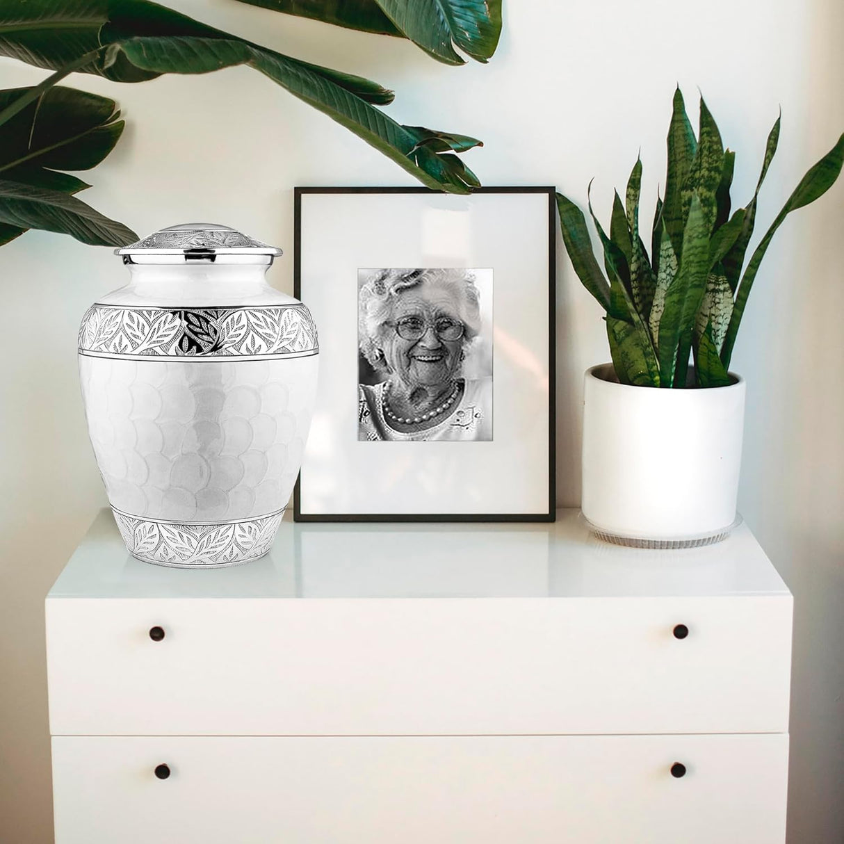 Trupoint Memorials Cremation Urn for Ashes for Women Female, Urns for Human Ashes Male, Engraved Mother of Pearl Funeral Urn for Adult Man, Silver Lining Large White