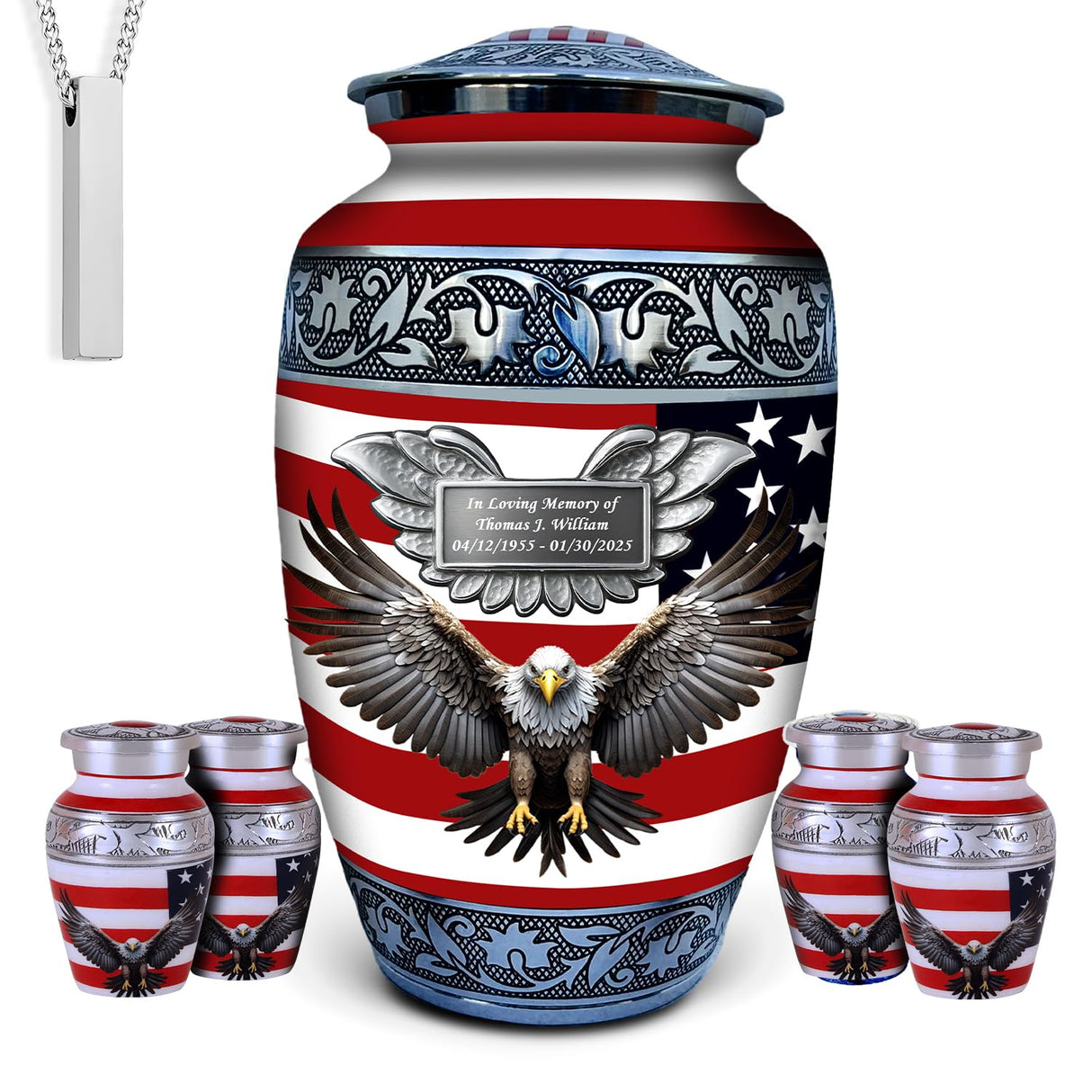 Set of 6 American Flag Decorative Cremation Urns for Ashes Adult Male & Female Includes 1 Large Urn with 4 Small Keepsakes & 1 NecklaceUrn for Human Ashes