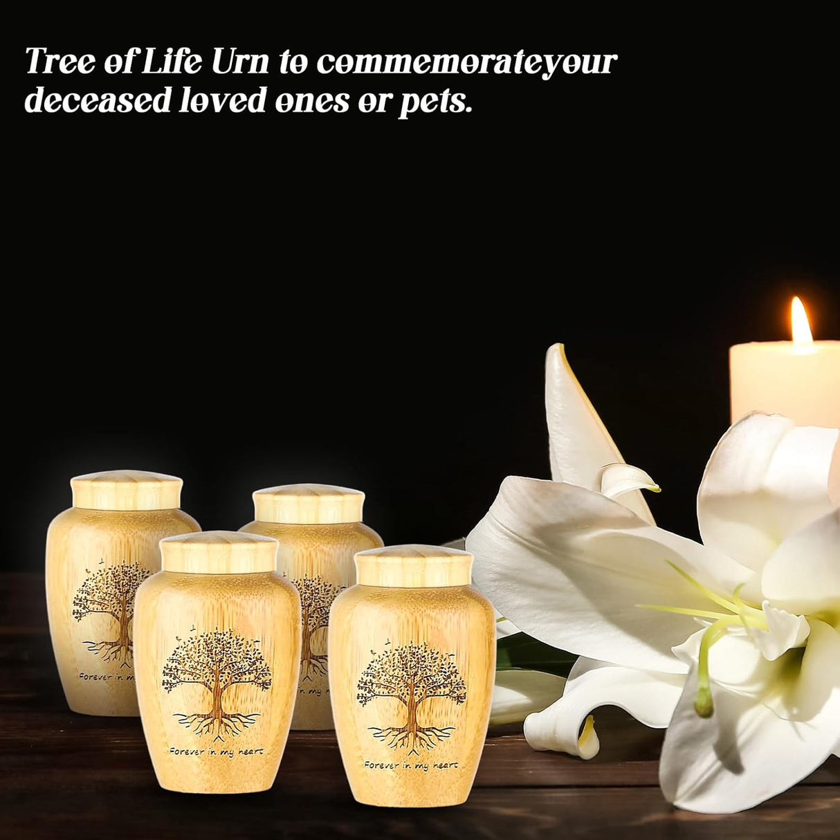 4 Sets Small Urn for Human Ashes Mini Urns with Tree Pattern Engraved Biodegradable Bamboo Cremation Urns for Pet Ashes with Black Velvet Bags