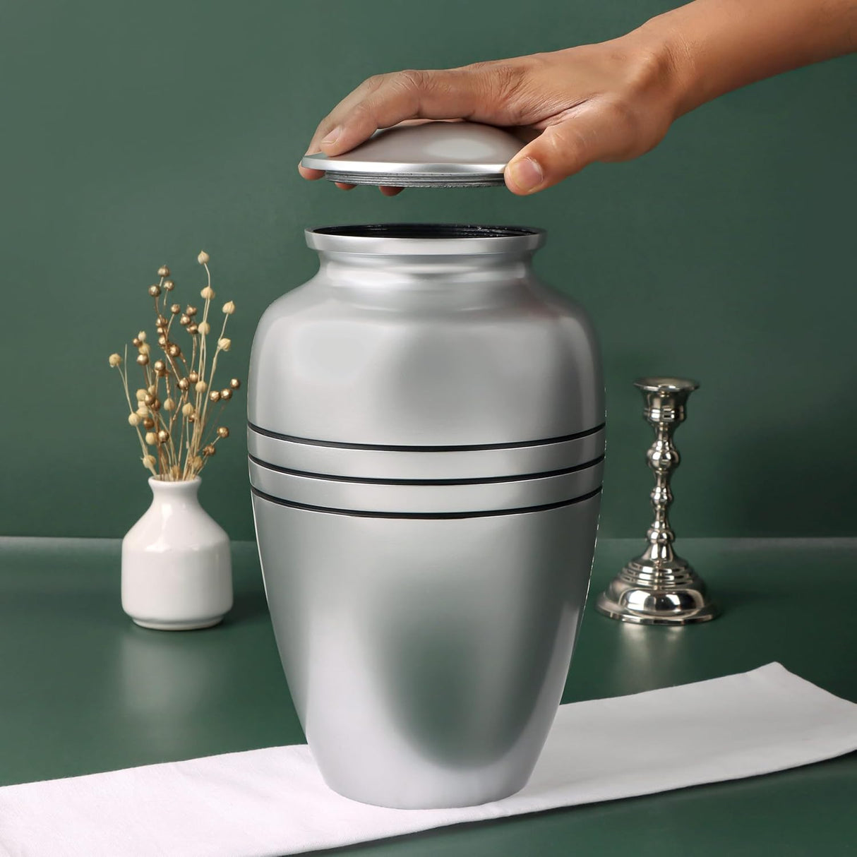 Decorative Burial Urn for Human Ashes Adult Female and Male 200+ Cubic Inches, Handcrafted Funeral Memorial Cremation Urn Affordable Urn for Human Ashes (Silver Black) ALPHA Living HOME