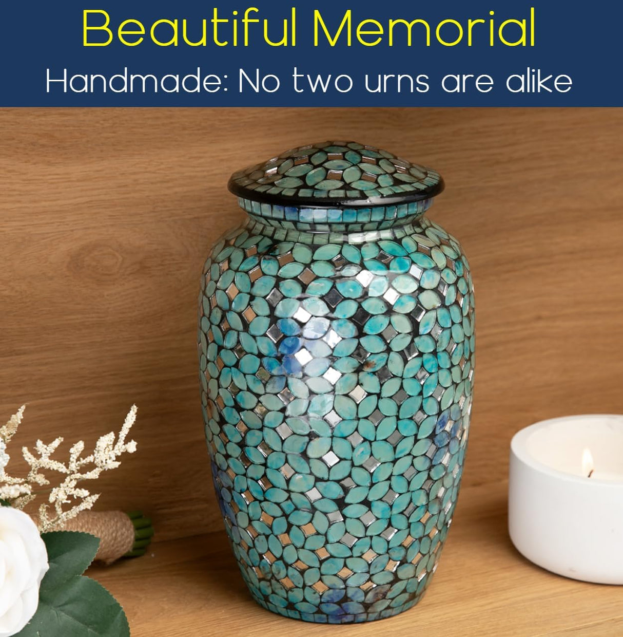 Mosaic Glass Cremation Urn - Hand Made Funeral Urn for Human Ashes - Large Adult Size Burial Urn - Hand Applied Individual Tiles Create a one of a Kind Work of Art - 200 cu in (Blue)