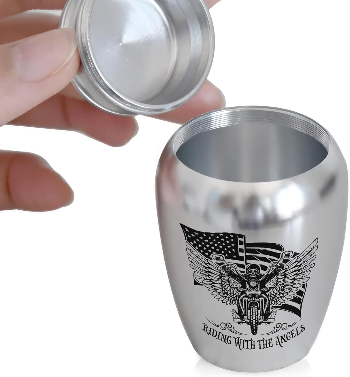 Artsy Woodsy Mini Stainless Steel Decorative Keepsake Urns for Ashes 2.56 Inch - Memorial Motorcycle Riding With The Angels, for Human Male/Dad/Men/Son Riders
