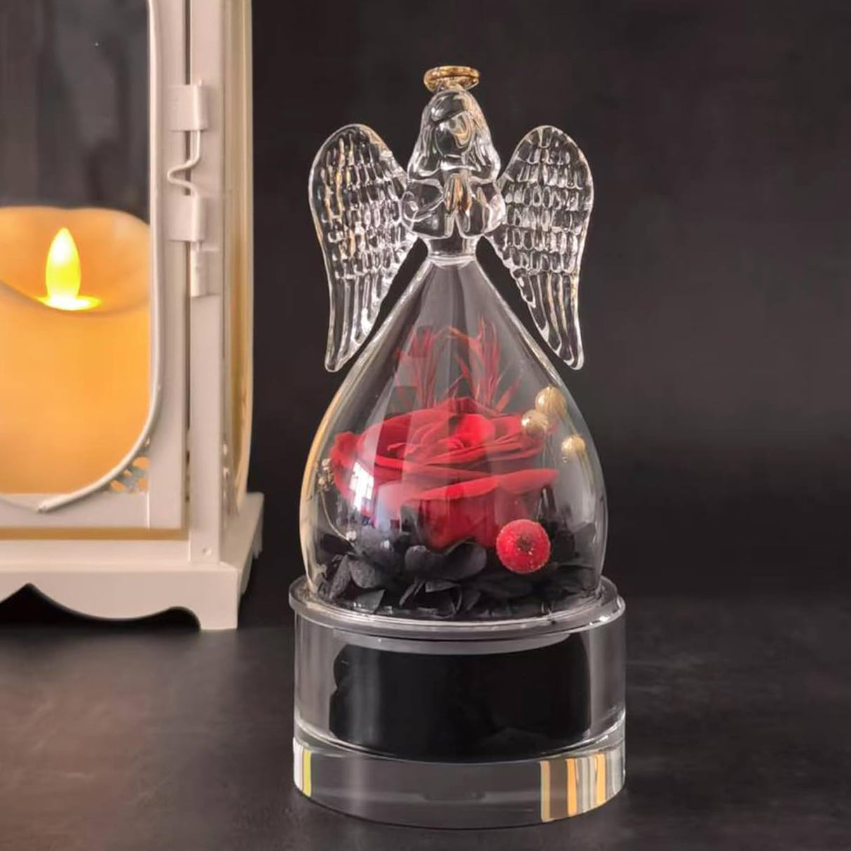 Crystal Small urn with a Glass Angel Statue and an Eternal Rose,Mini urns for Human Ashes Keepsake,for dad mom Memorial Cremation Sharing Small Urn Decoration Beautiful Little urn
