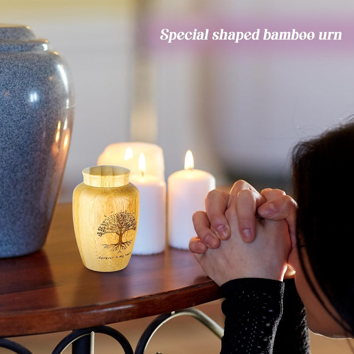 4 Sets Small Urn for Human Ashes Mini Urns with Tree Pattern Engraved Biodegradable Bamboo Cremation Urns for Pet Ashes with Black Velvet Bags