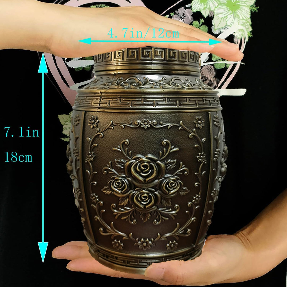 Keepsake Rose Urns for Human Ashes Medium Cremation Burial Urn for Adult Human Ashes Beautiful Zinc Alloy Decorative Funeral Urns, 7.1" H x 4.7" L(Bronze)