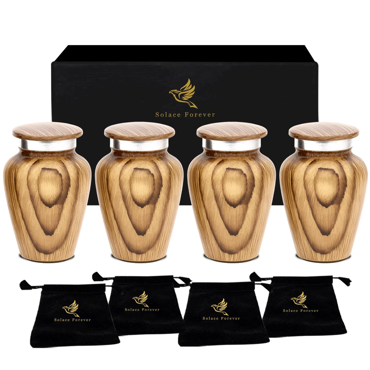 Metallic Wooden Print Small Urns for Human Ashes Keepsake - Mini Urn for Ashes Adult Male & Female - Keepsake Urns Set - Honor Your Loved One with Funeral Memorial Urn (Wooden, Set of 4)