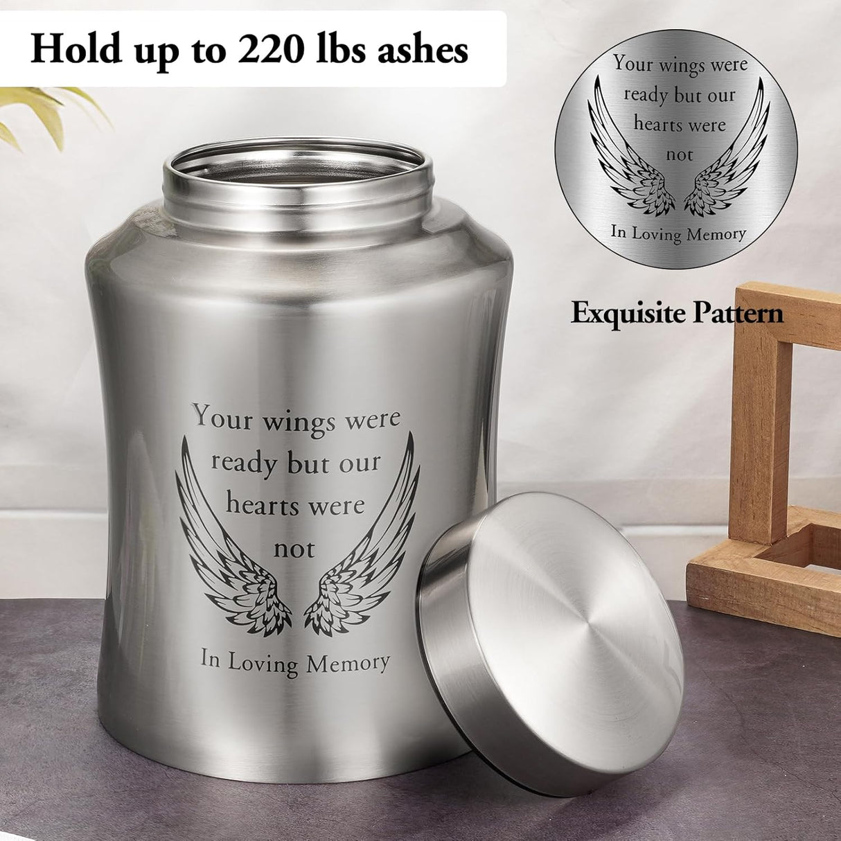 XIUDA Cremation Urns for Human Ashes Adult Male and Female, Memorial Decorative Burial Urn, Stainless Steel Angel Wings Keepsake Urn Human Ashes Up to 220 lbs