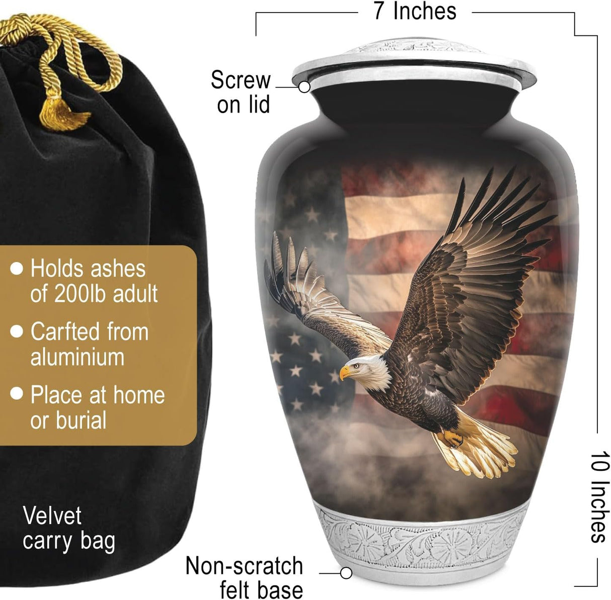 American US Flag Patriotic Eagle Urn for Human Ashes | Large Handcrafted Funeral Memorial | Decorative Cremation Urn for Women and Men