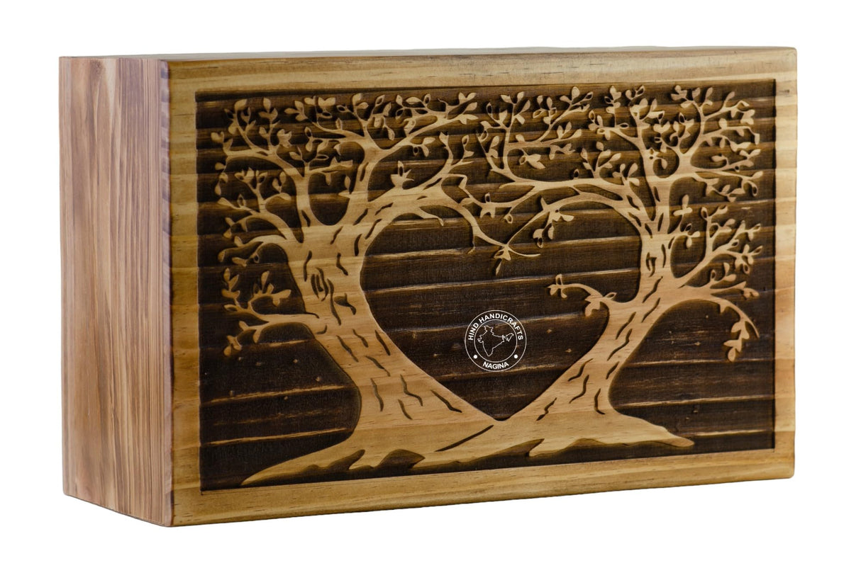 Wooden Box Funeral Cremation Urns for Human Ashes Adult Large - Burial Urns for Columbarium - Tree of Life Flying Bird (250 Cubic Inches, Twin Tree - Heart)