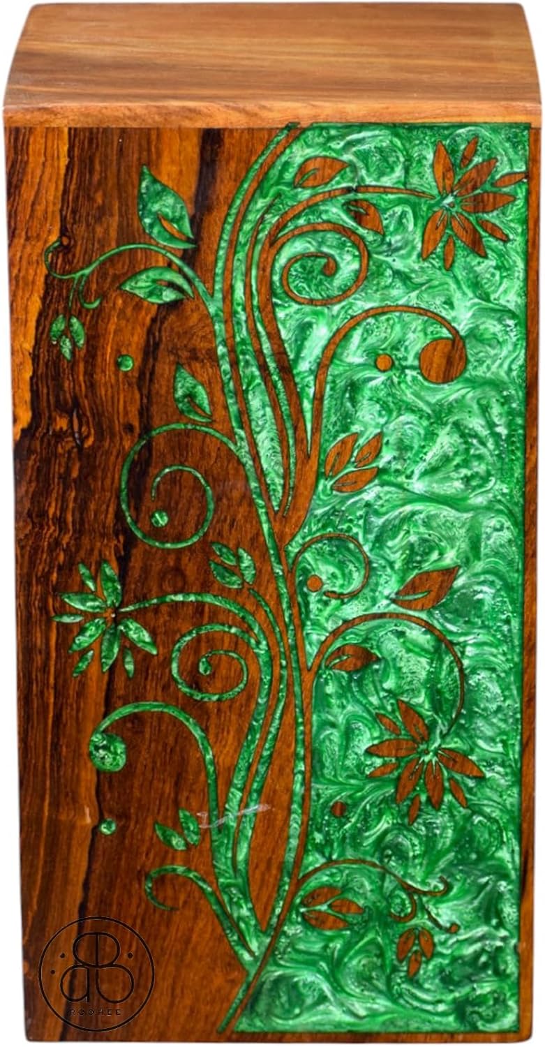 Handcrafted Rosewood Urn Box with Double Side Resin | Memorial Keepsake Box | Funeral Cremation Urn for Ashes | Custom Engraved Urn (8"x5"(110Cu/in))