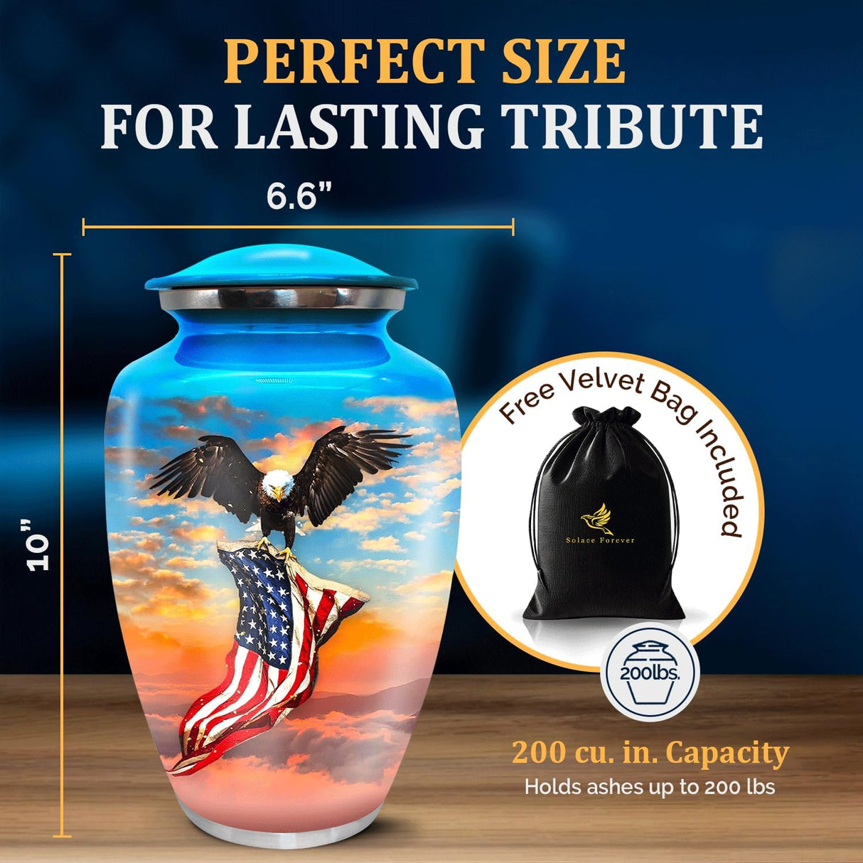 Urn for Ashes Adult Male - Patriotic Cremation Urns for Human Ashes Adult Man with Eagle & American Flag Designs - Elegant Memorial Urns for Veterans, Dad, or Husband (Denim Blue, Large)