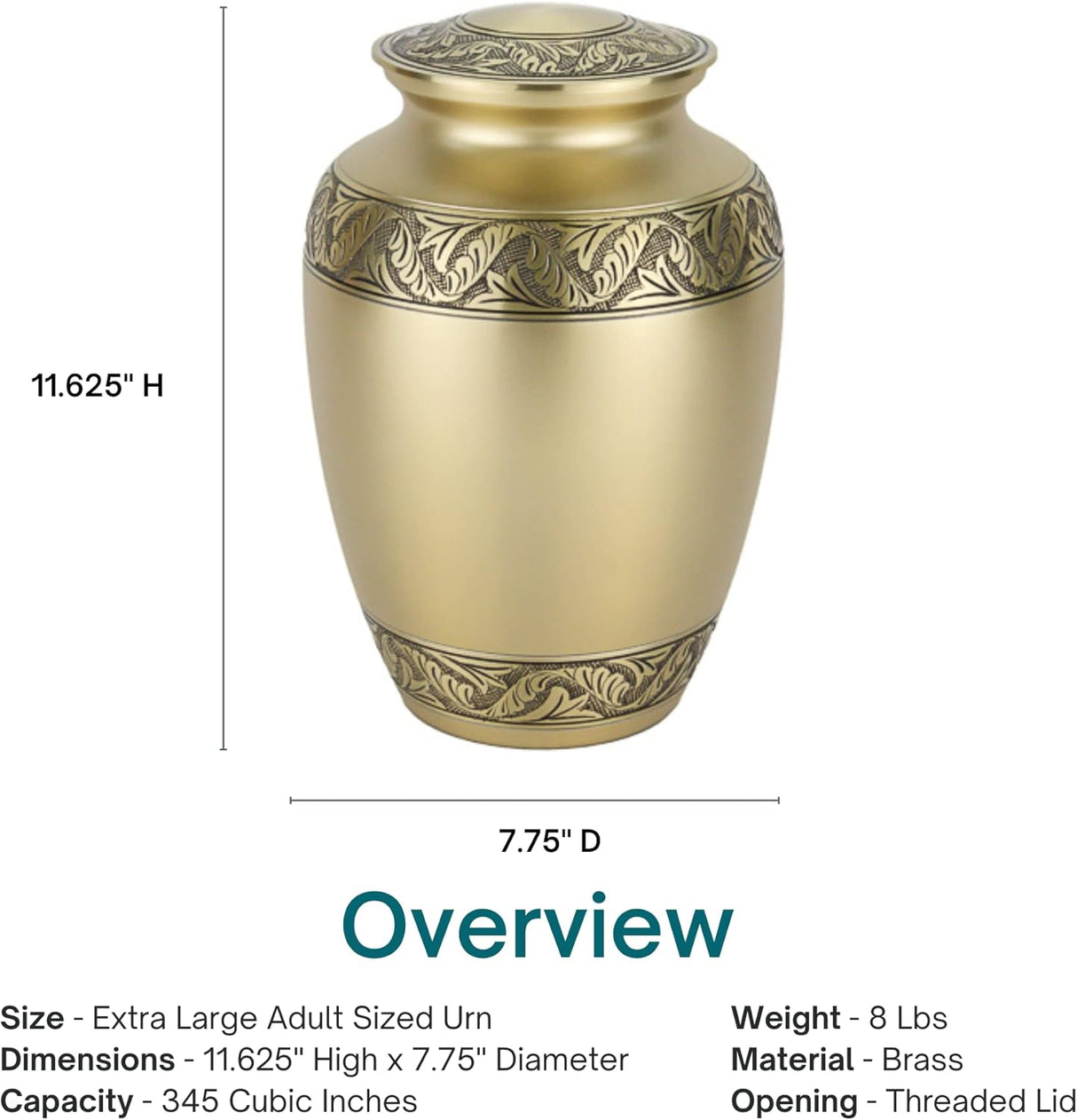 Classic Laurel Gold Cremation Urn for Ashes - Extra Large, Brass, Gold Companion Urn, Extra Large Adult Sized Cremation Urn, 11.625 Inches High