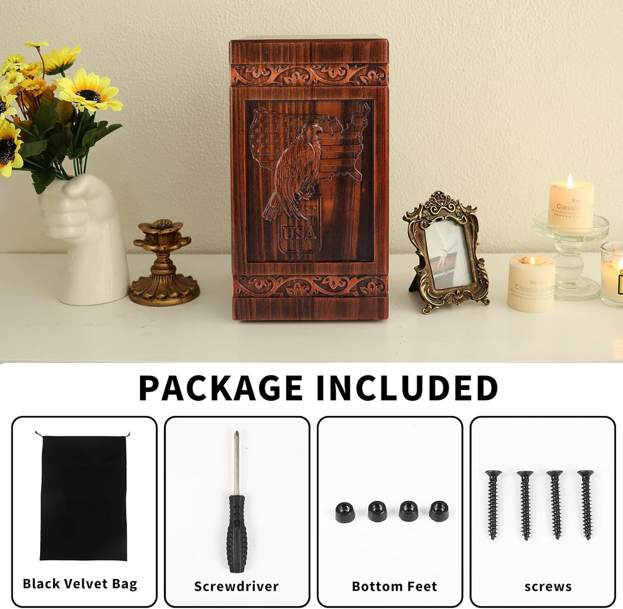 Extra Large Wooden Urns for Human Ashes Adult Man, Military and Patriotic Cremation Urns for Human Ashes with Eagle & American Flag Designs, Decorative Urns for Mom, Eagle Urn