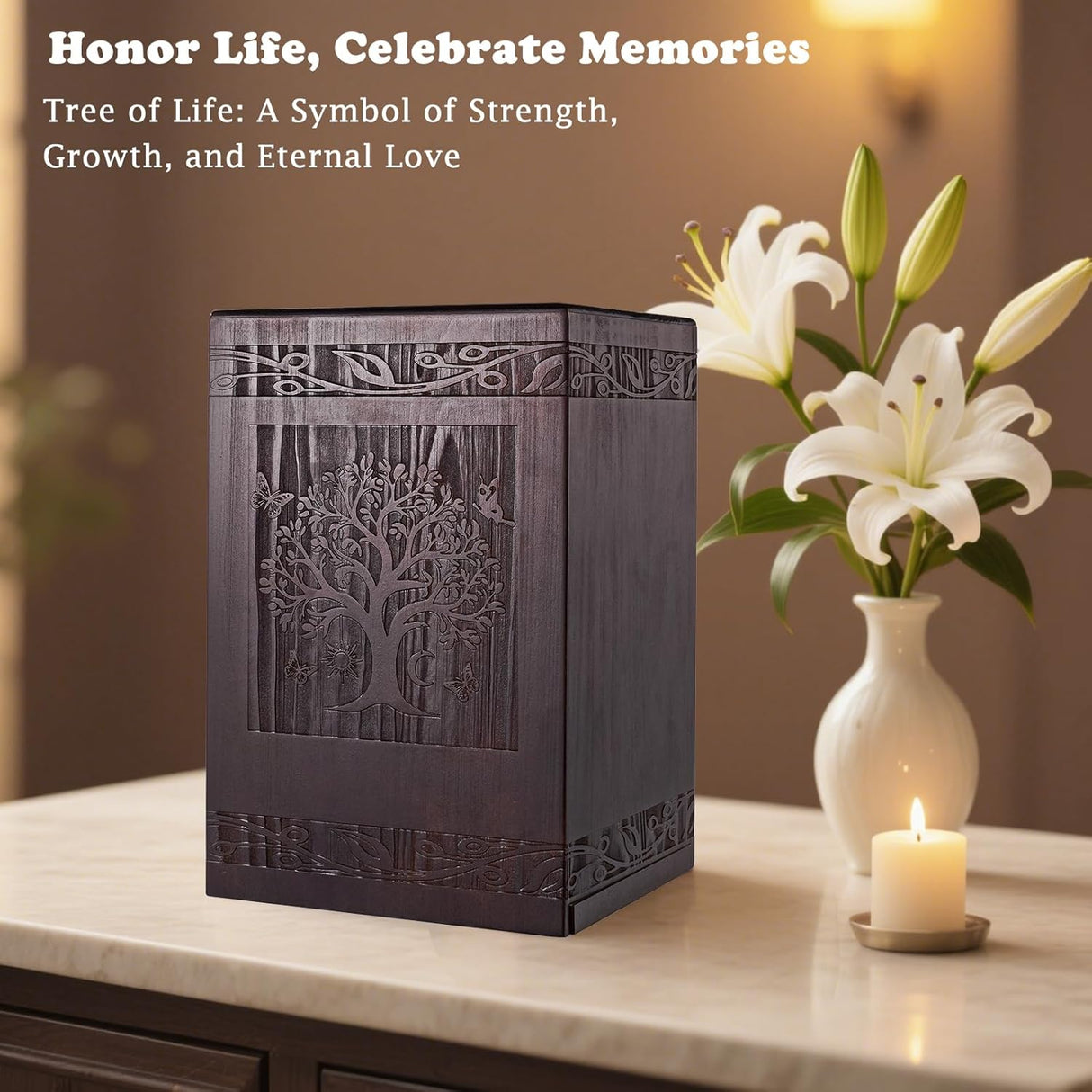 Abooxiu Cremation Urns for Human Ashes Adult Male Female, Wooden Tree of Life Medium Keepsake Urns for Ashes, Burial Funeral Memorial Decorative Urns for Men Women Pets Dog Urn- Up to 200 lbs