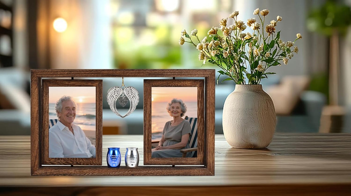 Double Urns for Ashes with Rotating Photo Frame - Companion Memorial Dual Mini Urn Set for Two Adults - Holds Two 6" Photos - Small Keepsake Urns for Mom & Dad