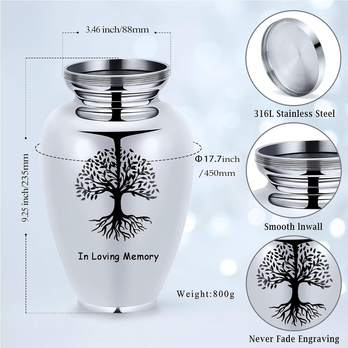 Imrsanl Cremation Urn for Human Ashes Burial Memorial Large Urns for Adult Male Female, Stainless Steel Engraved Butterfly Funeral Decorative Urns Keepsake for Women Men, 220 lbs (Silver-Tree of Life)