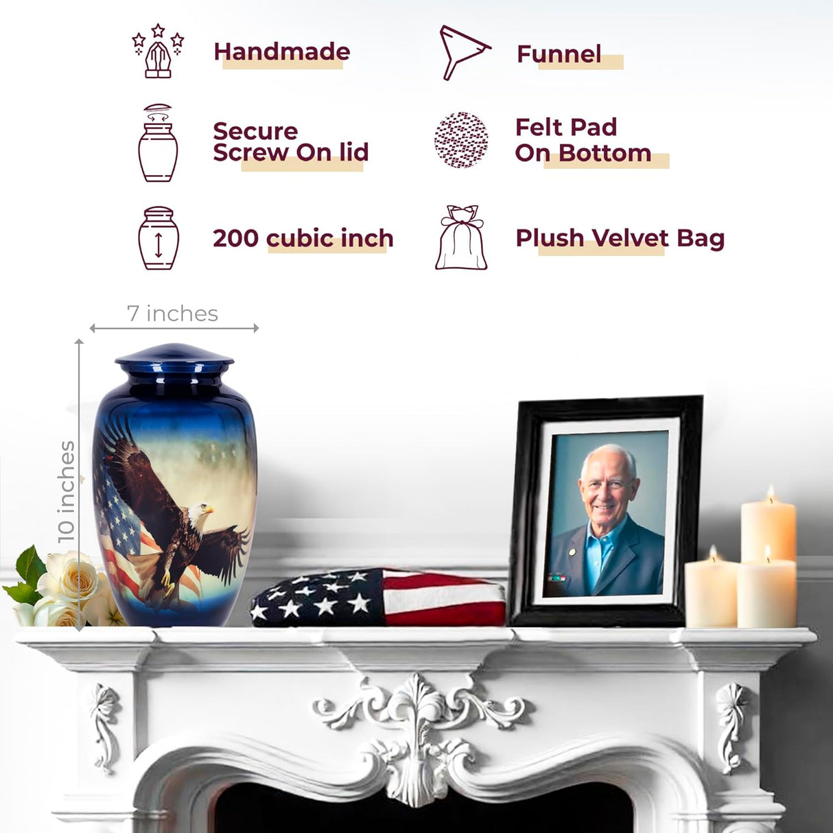 Trupoint Memorials Cremation Urns for Human Ashes, Military and Patriotic Decorative Burial Urn for Veteran Adult Men and Women, Large Blue