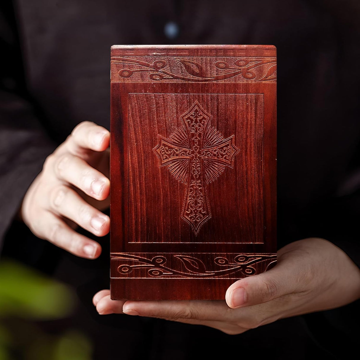 Wooden Cremation Urn for Human Ashes,Wooden Carved Cross Cremation Urns,Holds 250 Cubic Inches,Cat and Dog Pet Urns,Decorative Funeral Urn Box and Casket