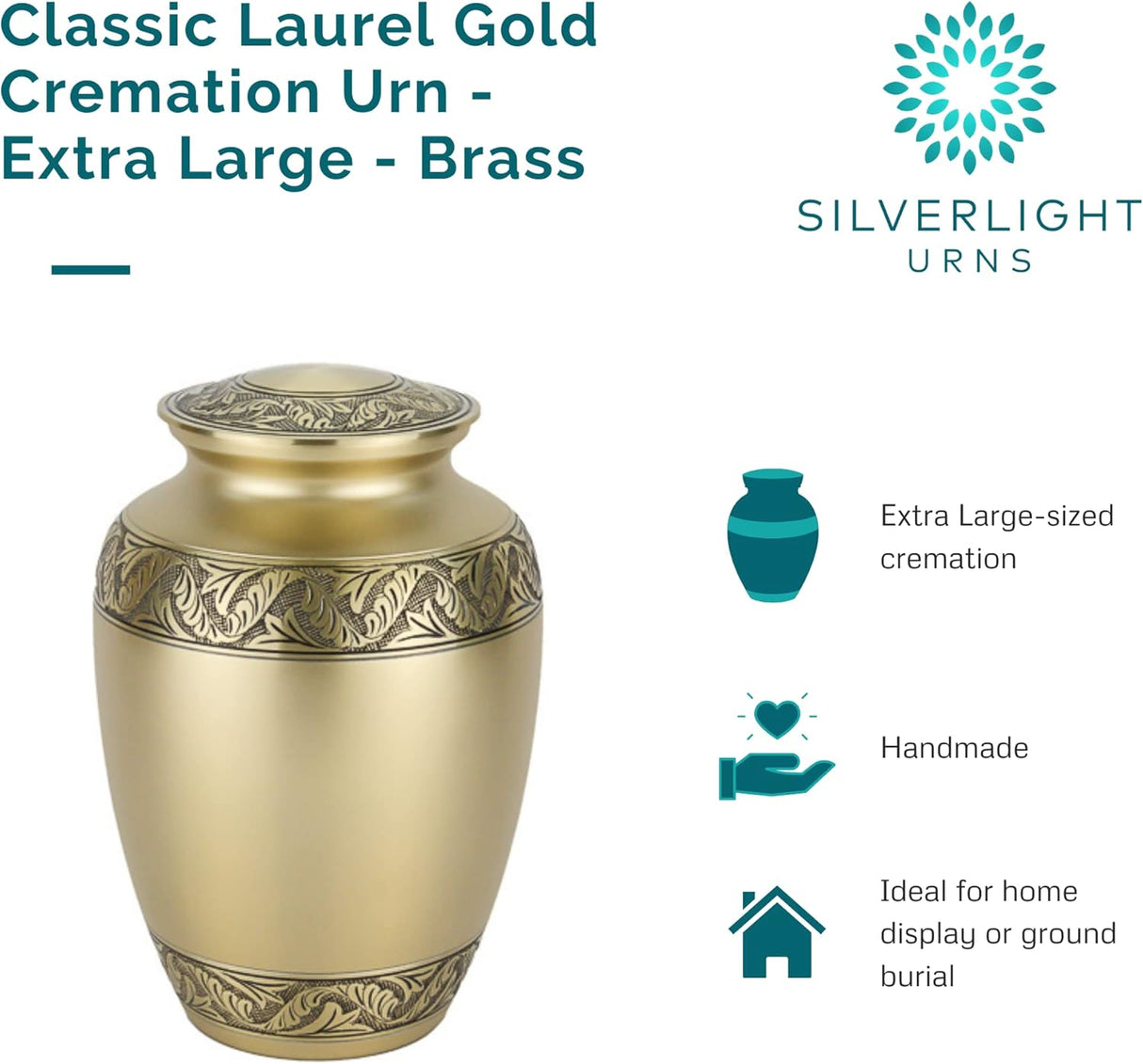 Classic Laurel Gold Cremation Urn for Ashes - Extra Large, Brass, Gold Companion Urn, Extra Large Adult Sized Cremation Urn, 11.625 Inches High