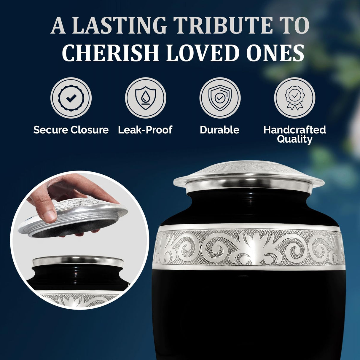 Cremation Urn for Ashes Adult Male - Large Funeral Urns for Human Ashes Adult Man with Velvet Bag - Holds Upto 200lbs - A Dignified Memorial to Honor Your Loved One (Midnight Black, Large)